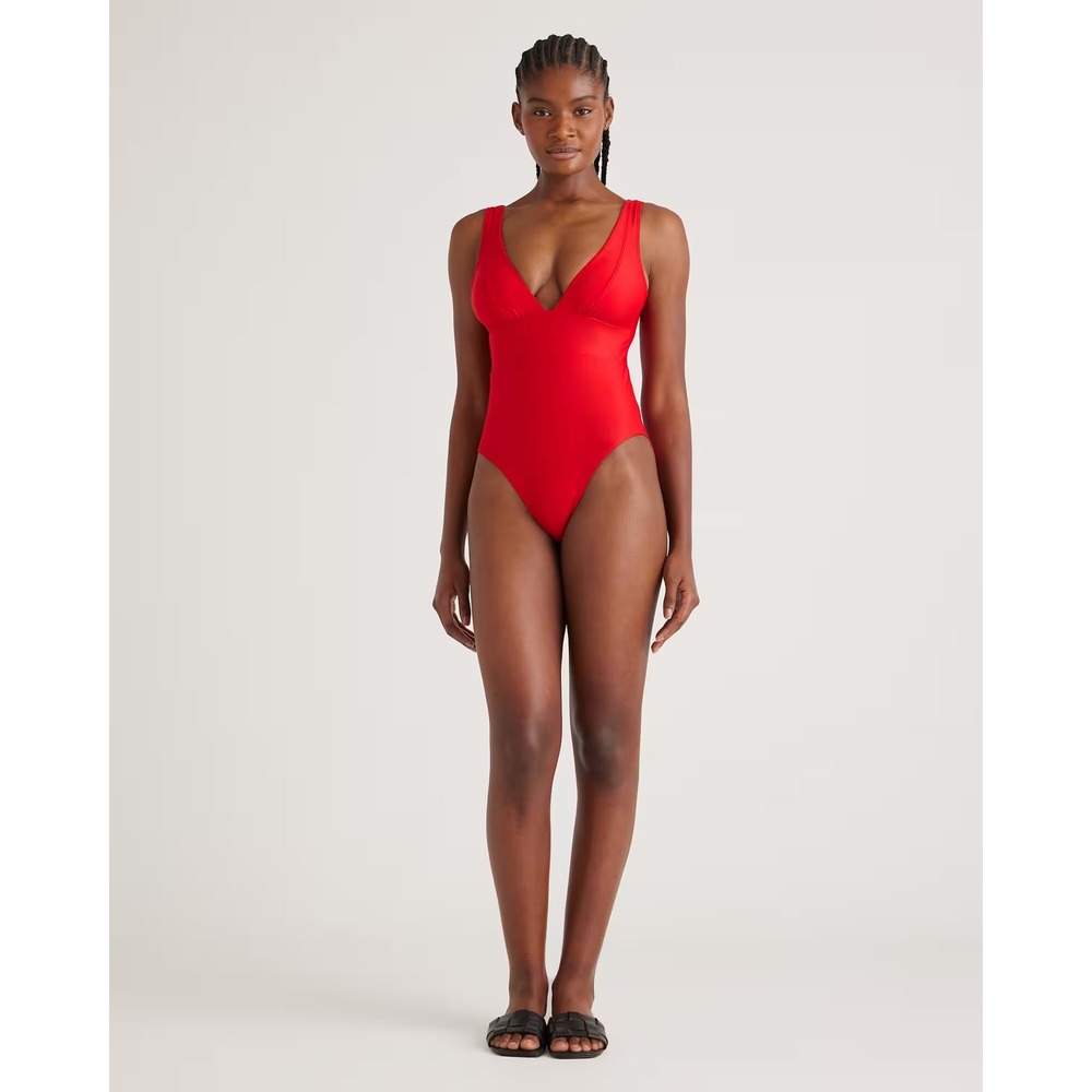 Quince Red V-Neck High Compression One Piece Swimsuit UPF 50 Recycled XS New